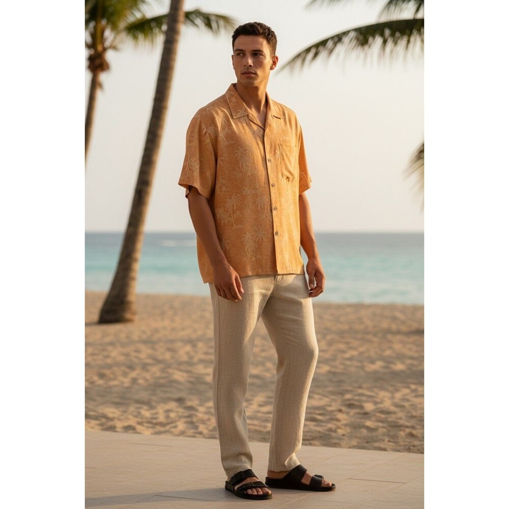 Tommy Bahama Hawaiian Camp Shirt Mens L 100% Silk Palm Trees Aloha Beach Peach